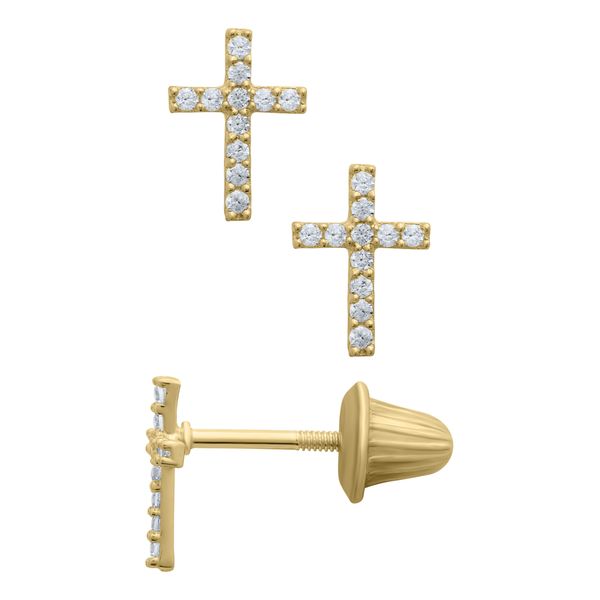 Childrens 14K Yellow Gold Cubic Zirconia Cross Earrings Gray's Jewelers Bespoke Saint James, NY