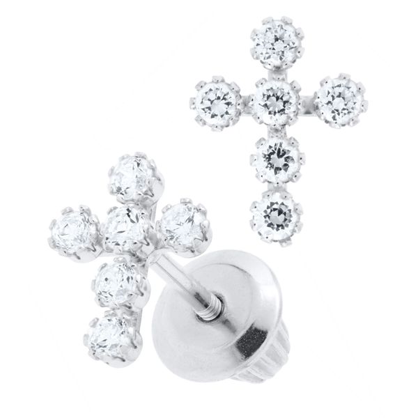 Childrens 14K White Gold Cubic Zirconia Cross Earrings Image 2 Gray's Jewelers Bespoke Saint James, NY