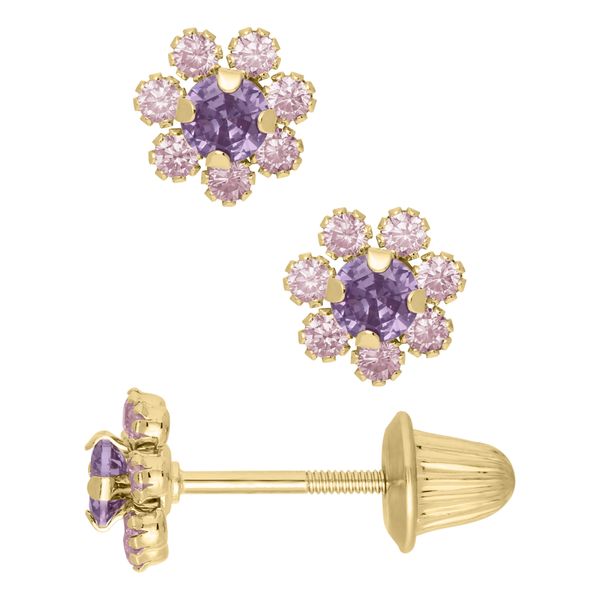 Childrens 14K Yellow Gold Pink and Purple Cubic Zirconia Flower Earrings Gray's Jewelers Bespoke Saint James, NY