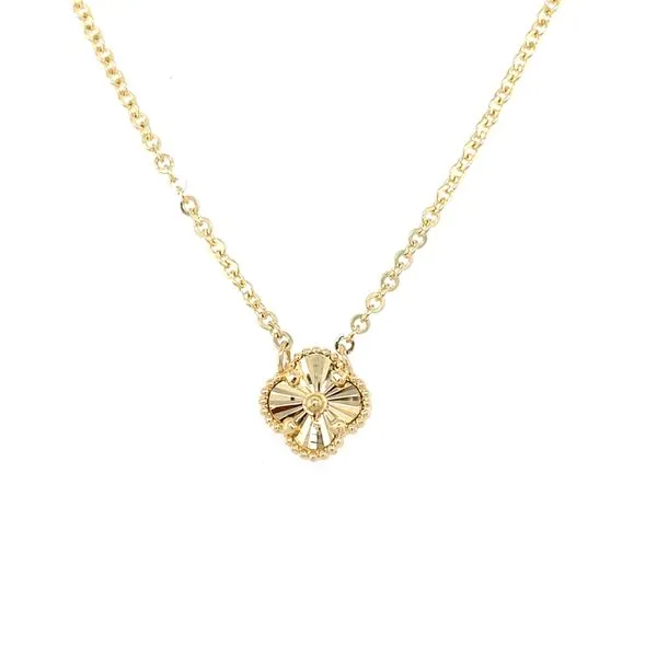 14K Yellow Gold Fluted Beaded Edge Clover Necklace Gray's Jewelers Bespoke Saint James, NY