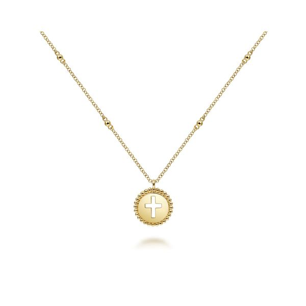 14K Yellow Gold Round Cutout Cross Pendant Necklace with Bujukan Bead Frame Image 2 Gray's Jewelers Bespoke Saint James, NY
