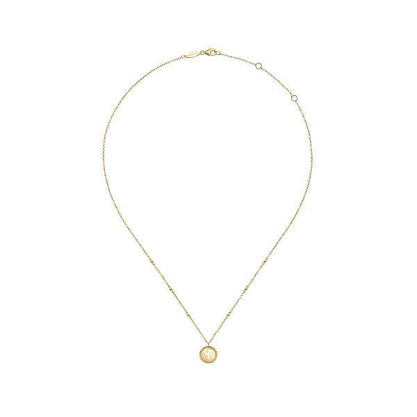 14K Yellow Gold Round Cutout Cross Pendant Necklace with Bujukan Bead Frame Image 4 Gray's Jewelers Bespoke Saint James, NY