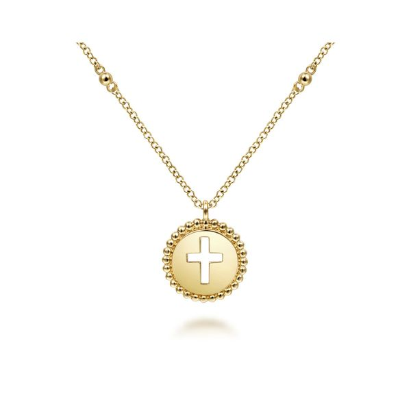 14K Yellow Gold Round Cutout Cross Pendant Necklace with Bujukan Bead Frame Gray's Jewelers Bespoke Saint James, NY