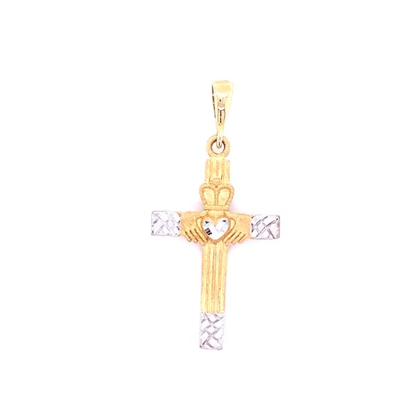 14K Two Tone Gold  Claddagh Cross Charm Gray's Jewelers Bespoke Saint James, NY