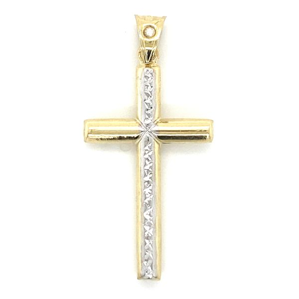 14k Two Tone Cross Charm With Diamond Cut Accents Cubic Zirconia in Bail Gray's Jewelers Bespoke Saint James, NY