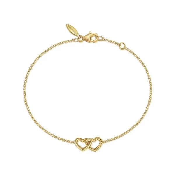 14K Yellow Gold Rope Entwined Hearts Chain Bracelet Gray's Jewelers Bespoke Saint James, NY