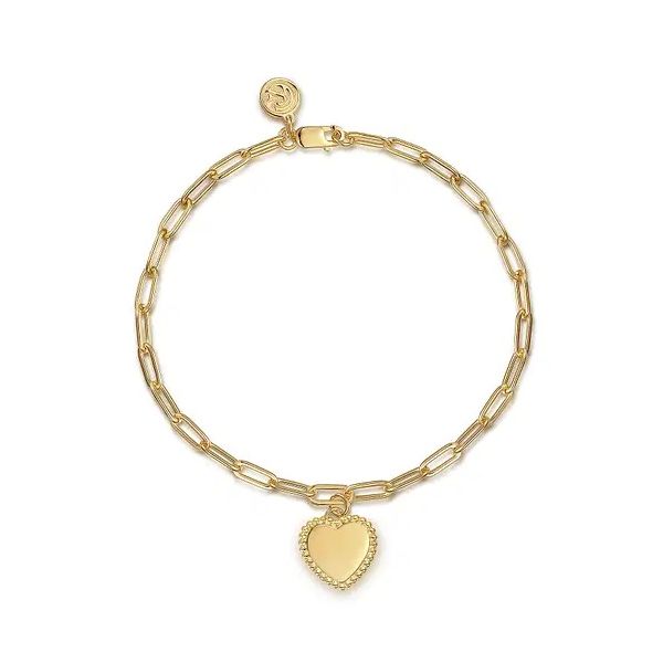 Yellow Plain Gold Paperclip Chain Bracelet with Personalized Bujukan Framed Heart Charm Gray's Jewelers Bespoke Saint James, NY