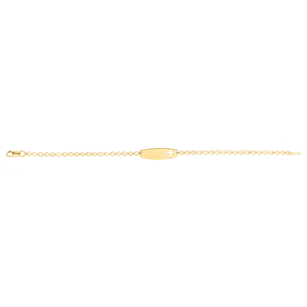 14K Yellow Gold ID Bracelet with Cut-out Cross Gray's Jewelers Bespoke Saint James, NY