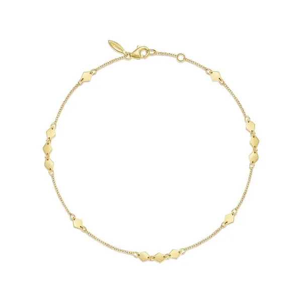 14K Yellow Gold Chain Ankle Bracelet with Diamond Shaped Stations Gray's Jewelers Bespoke Saint James, NY