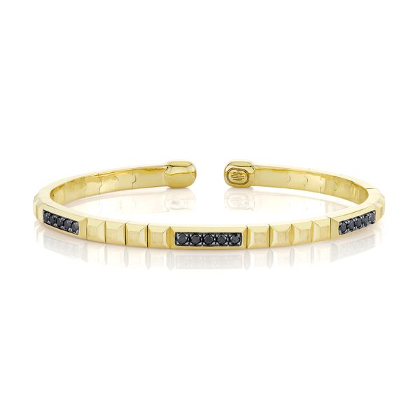 14K Yellow Gold Black Diamond Geo Cut Matte Men's Cuff Bracelet Gray's Jewelers Bespoke Saint James, NY