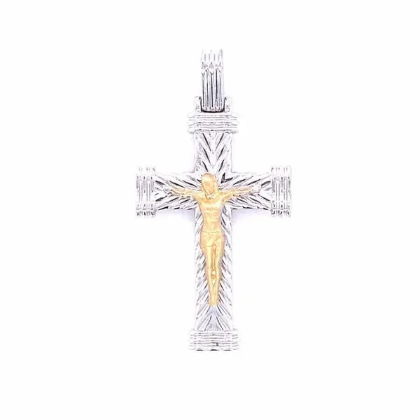 14k Mens Two Tone Crucifix Charm White Woven Design Cross Gray's Jewelers Bespoke Saint James, NY