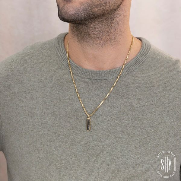 14K Yellow Gold Black Diamond Bar Dog Tag Pendant Image 3 Gray's Jewelers Bespoke Saint James, NY