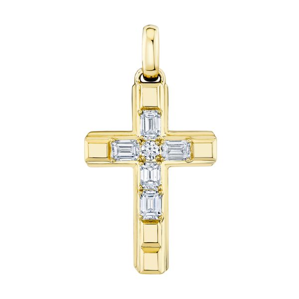 14K Yellow Gold Emerald Cut Diamond Cross Pendant Gray's Jewelers Bespoke Saint James, NY
