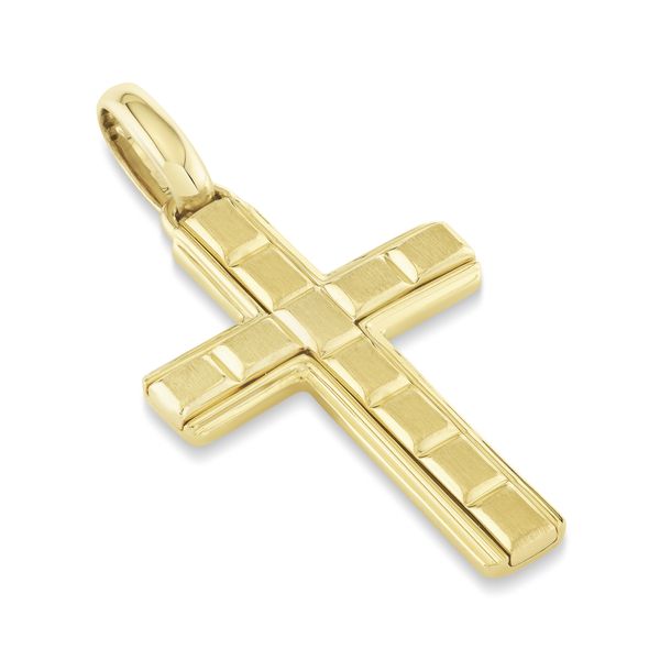 14K Yellow Gold Cross Matte Pendant Image 3 Gray's Jewelers Bespoke Saint James, NY