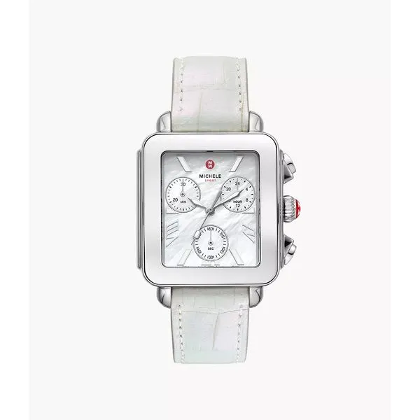 Deco Sport Chronograph Stainless Steel White Leather Watch Gray's Jewelers Bespoke Saint James, NY