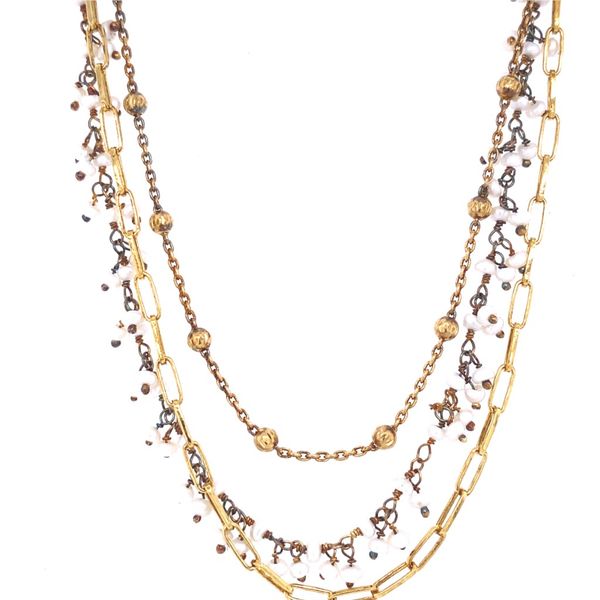 Sterling Silver Gold Plated Triple Strand Necklace With Pearl Beads 14-16