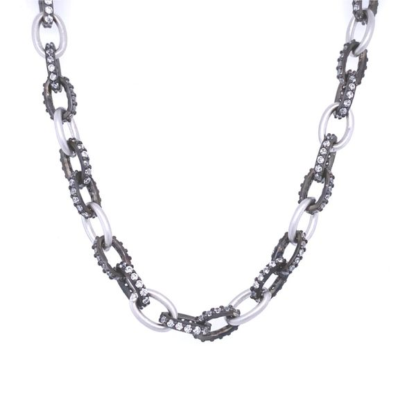 Sterling Silver Industrial Finish Alternating Link Chain With Cubic Zirconia Stones Toggle Lock 21