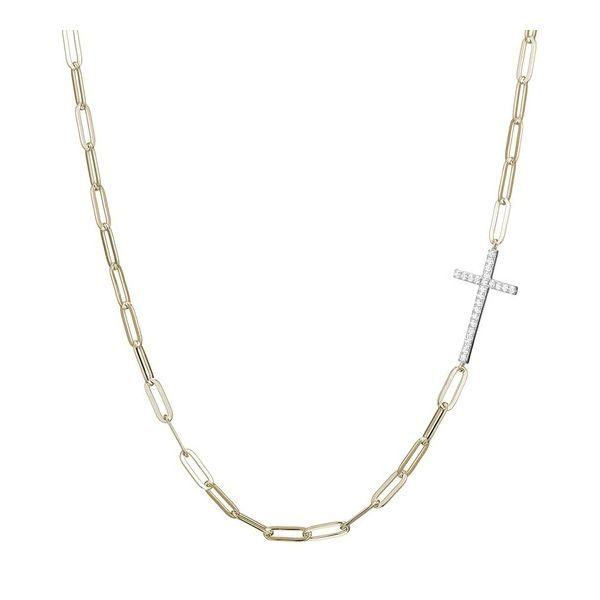 STERLING SILVER PAPERCLIP NECKLACE WITH SIDEWAY CUBIC ZIRCONIA CROSS Gray's Jewelers Bespoke Saint James, NY