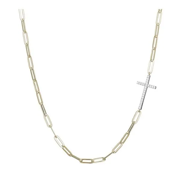 STERLING SILVER PAPERCLIP NECKLACE WITH SIDEWAY CUBIC ZIRCONIA CROSS Gray's Jewelers Bespoke Saint James, NY