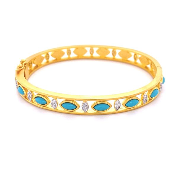Sterling Silver Yellow Gold Fleur Bloom Empire Bangle With Turquoise Colored Stones And Cubic Zirconia Gray's Jewelers Bespoke Saint James, NY