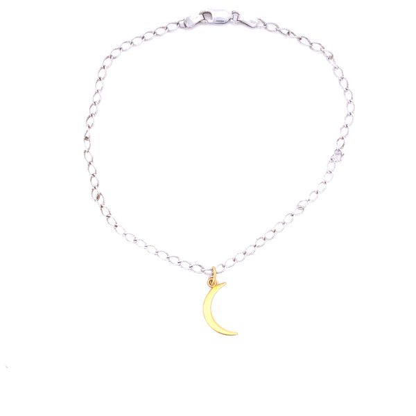 Sterling Silver Curb Anklet With Gold Plated Crescent Moon Charm 9.5