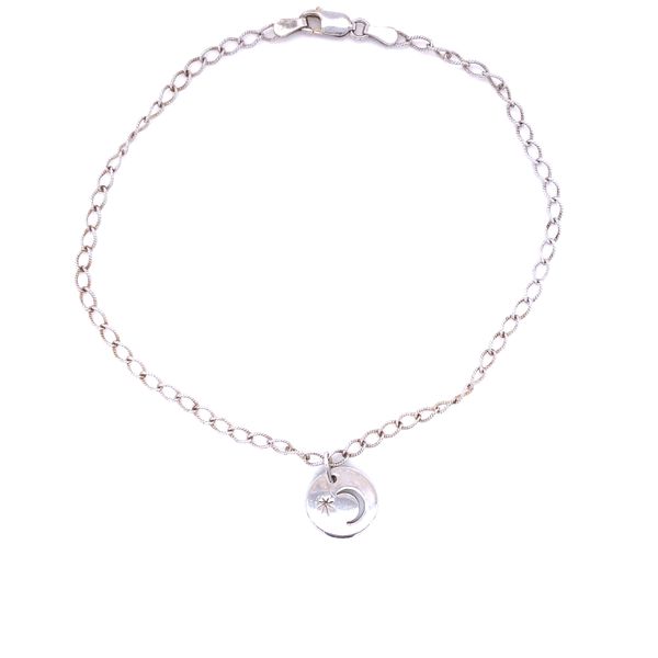 Sterling Silver Curb Anklet With Sterling Silver Disk With Crescent Moon and Star Cut Out Charm 9.5