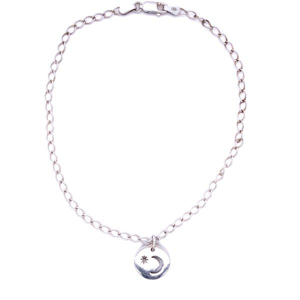 Sterling Silver Curb Anklet With Sterling Silver Disk With Crescent Moon and Star Cut Out Charm 9.5