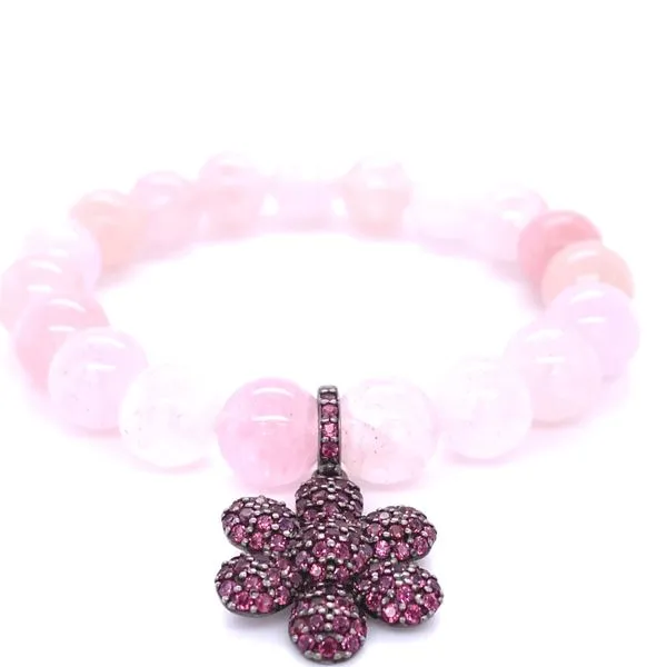 Sterling Silver Flower Charm With Dark Pink Stones On Morganite Stretch Bracelet Gray's Jewelers Bespoke Saint James, NY