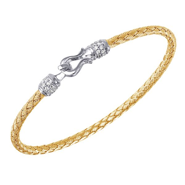 Sterling Silver 3mm Mesh Bangle with CZ, 2 Tone, 18K Yellow Gold and Rhodium Finish Gray's Jewelers Bespoke Saint James, NY