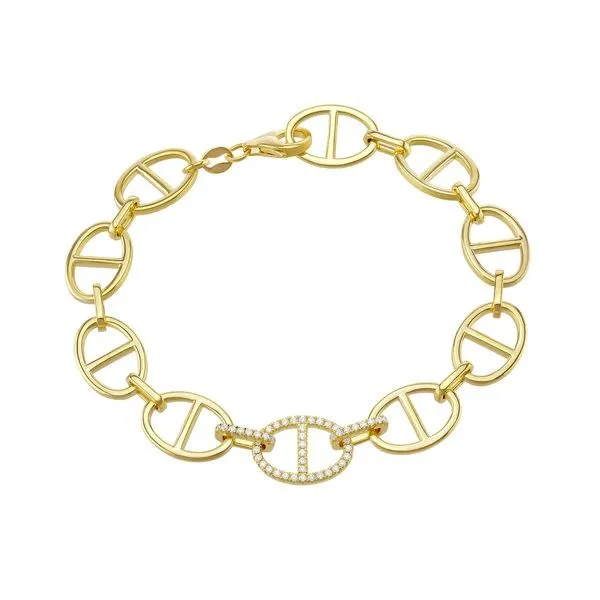 Sterling Silver Gold Plated Cubic Zirconia Center Flat Link Mariner Bracelet Gray's Jewelers Bespoke Saint James, NY