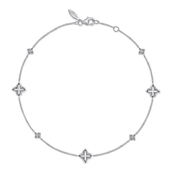 Sterling Silver White Sapphire Ankle Bracelet with Clover Stations Gray's Jewelers Bespoke Saint James, NY