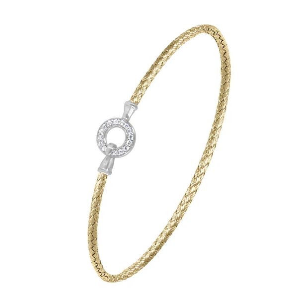 Sterling Silver Rhodium Plated Cubic Zirconia Circle and 18K Yellow Gold Plated Mesh 2MM Bangle Gray's Jewelers Bespoke Saint James, NY