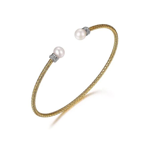 Sterling Silver Yellow Gold Plated Mesh Cuff with Freshwater Pearl and Cubic Zirconia Gray's Jewelers Bespoke Saint James, NY