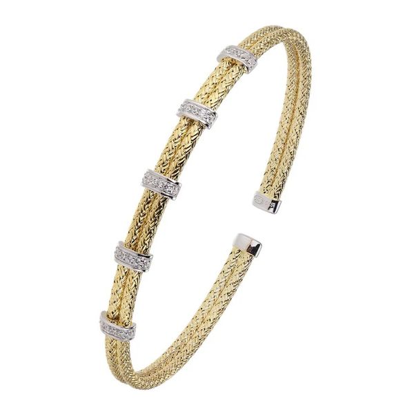 Sterling Silver Rhodium and Gold Plated Double 2MM Mesh Cuff with Cubic Zirconia Gray's Jewelers Bespoke Saint James, NY