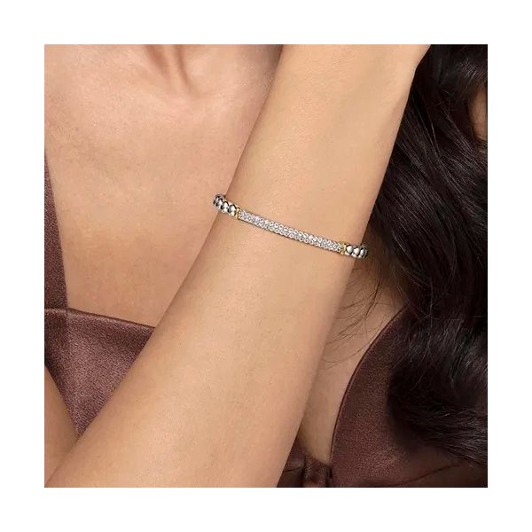 14K Yellow Gold and Sterling Silver Bujukan White Sapphire Open Bangle Bracelet Image 2 Gray's Jewelers Bespoke Saint James, NY
