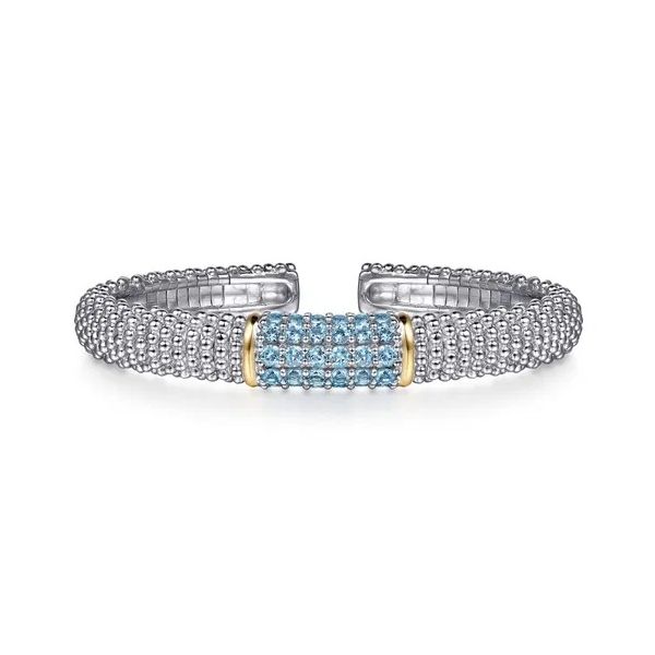 14K Yellow Gold and 925 Sterling Silver Bujukan Bangle with Pave Blue Topaz Gray's Jewelers Bespoke Saint James, NY