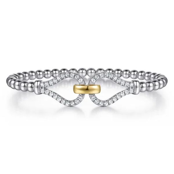 14K Yellow Gold and Sterling Silver Bujukan Beaded White Sapphire Stirrup Closed Bangle Bracelet Gray's Jewelers Bespoke Saint James, NY