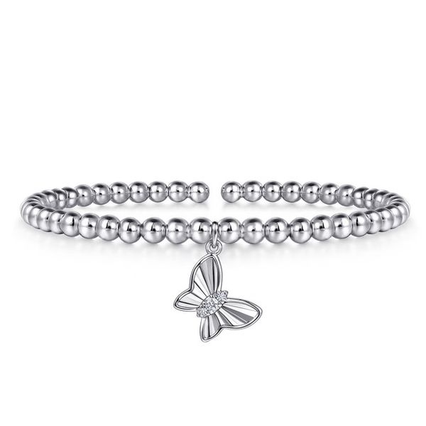 Sterling Silver Bujukan Beaded White Sapphire Butterfly Charm Bangle Bracelet Gray's Jewelers Bespoke Saint James, NY