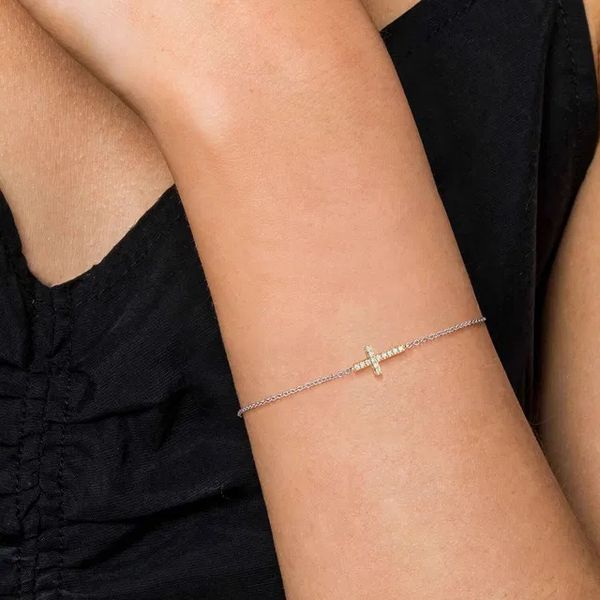 14K Yellow Gold and Sterling Silver Diamond Cross Chain Bracelet Image 3 Gray's Jewelers Bespoke Saint James, NY