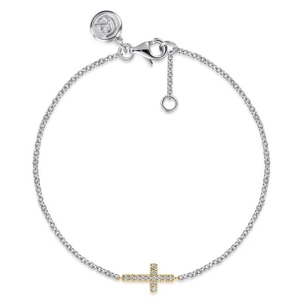14K Yellow Gold and Sterling Silver Diamond Cross Chain Bracelet Gray's Jewelers Bespoke Saint James, NY