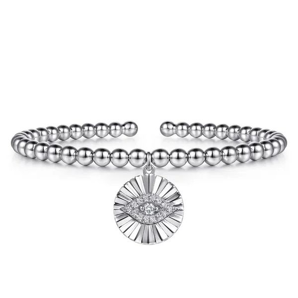 Sterling Silver Bujukan Beaded White Sapphire Evil Eye Charm Bangle Bracelet Gray's Jewelers Bespoke Saint James, NY