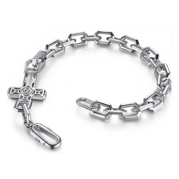 Sterling Silver Men's Mix Faceted Link Chain Bracelet with Cross Image 2 Gray's Jewelers Bespoke Saint James, NY
