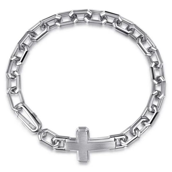 Sterling Silver Men's Mix Faceted Link Chain Bracelet with Cross Gray's Jewelers Bespoke Saint James, NY