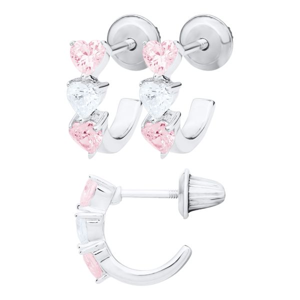 Sterling Silver Pink and White Cubic Zirconia Heart Hoop Earrings Gray's Jewelers Bespoke Saint James, NY