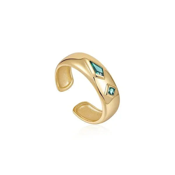 Gold Teal Sparkle Emblem Thick Band Ring Gray's Jewelers Bespoke Saint James, NY