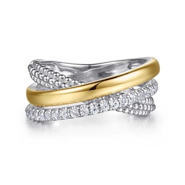 14K Yellow Gold and 925 Sterling Silver Bujukan Beaded White Sapphire Criss Cross Ring Gray's Jewelers Bespoke Saint James, NY