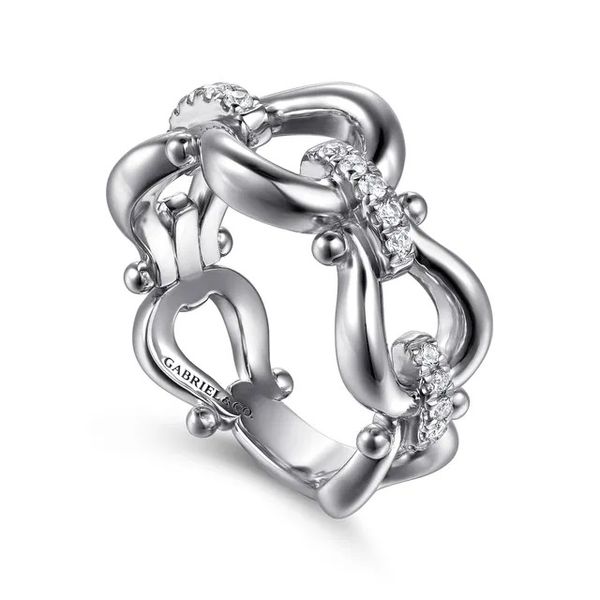 Sterling Silver Bujukan Stirrup White Sapphire Link Chain Ring Image 2 Gray's Jewelers Bespoke Saint James, NY