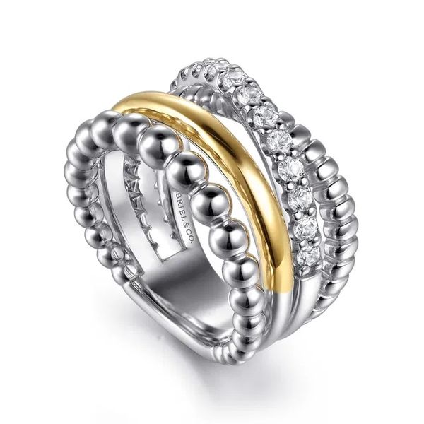 14K Yellow Gold and Sterling Silver Bujukan Beaded White Sapphire Easy Stackable Ring Image 2 Gray's Jewelers Bespoke Saint James, NY