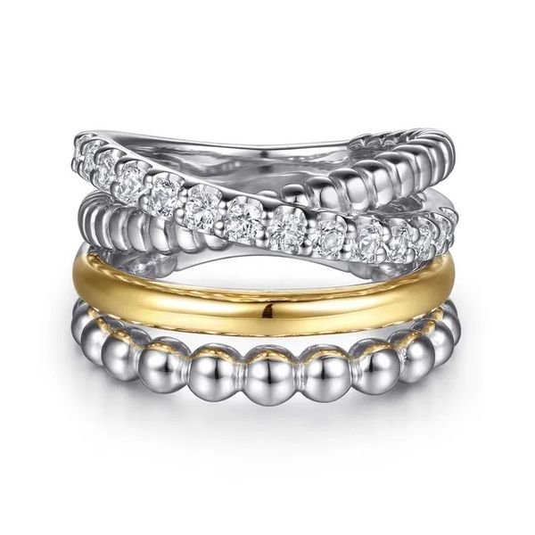 14K Yellow Gold and Sterling Silver Bujukan Beaded White Sapphire Easy Stackable Ring Gray's Jewelers Bespoke Saint James, NY