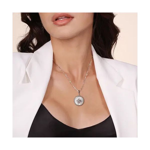 Sterling Silver Bujukan White Sapphire and Mother Of Pearl Round Starburst Medallion Pendant Image 2 Gray's Jewelers Bespoke Saint James, NY